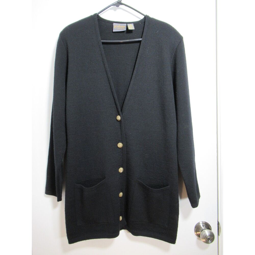 Collection Point of View Black 100% Merino Wool Cardigan Gold Buttons Size M